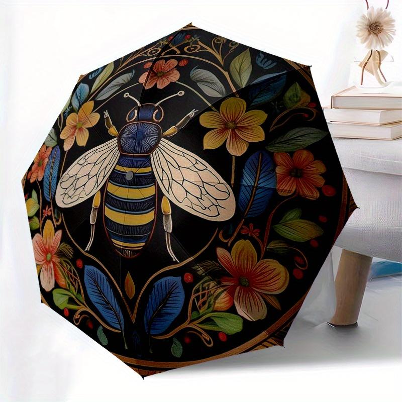 Automatic Open/Close 3-Fold Compact Umbrella with Bee & Floral Mandala Design - 8-Rib Windproof Portable Umbrella for Men & Wo