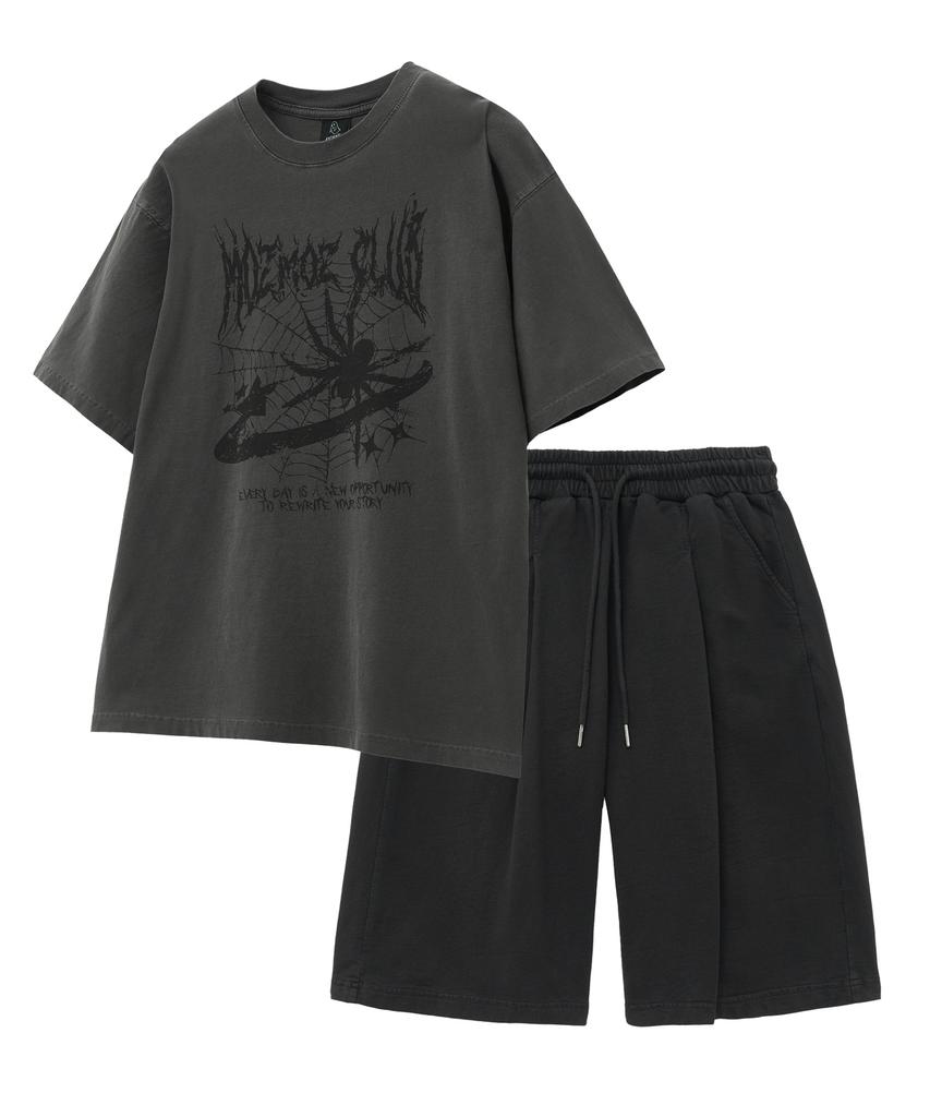 MOZMOZ [Set] Spider Pigment Short Sleeve + Pigment Wide Single-Pleat Shorts Set-Up