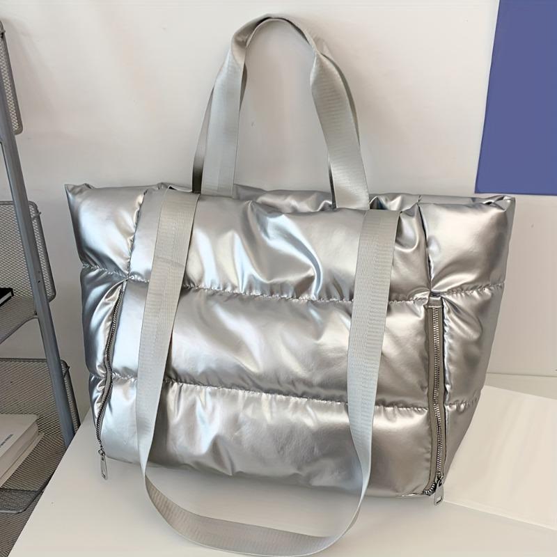 Large Capacity Quilted Nylon Tote Bag for Women Winter Spacious Women's Shoulder Bag for Gym Yoga Shopping Solid Color Padded Space Handbags for Women