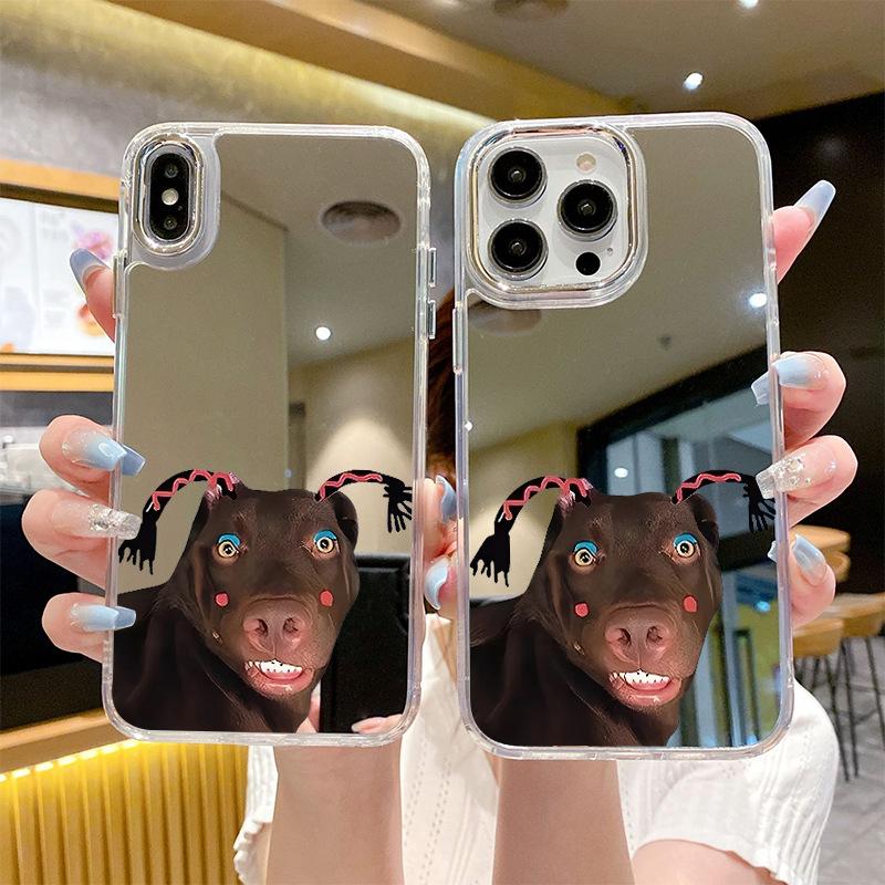 Creative funny dog mirror mobile phone case ip13PROMAX braid expression bag Apple 17 anti-drop protective case