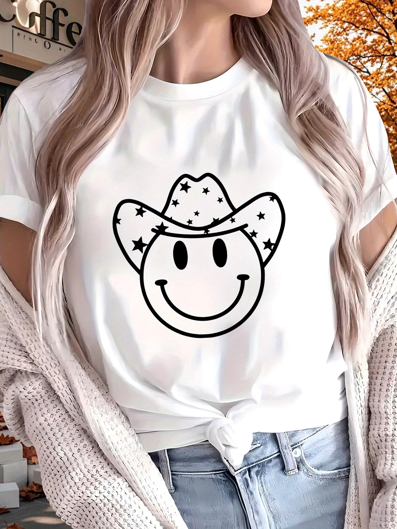

Cute Smiling Face Wearing Hat Pattern Printed Summer Womens Top Short Sleeved Round Neck Womens Summer Clothing S