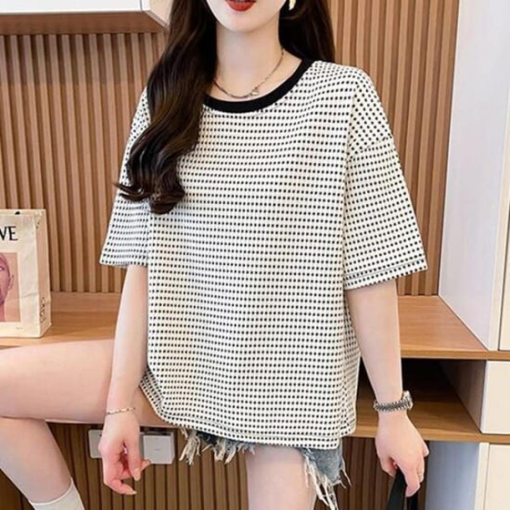 Navava Women Casual Check Round Neck ShorT Sleeve T shirT nT2497