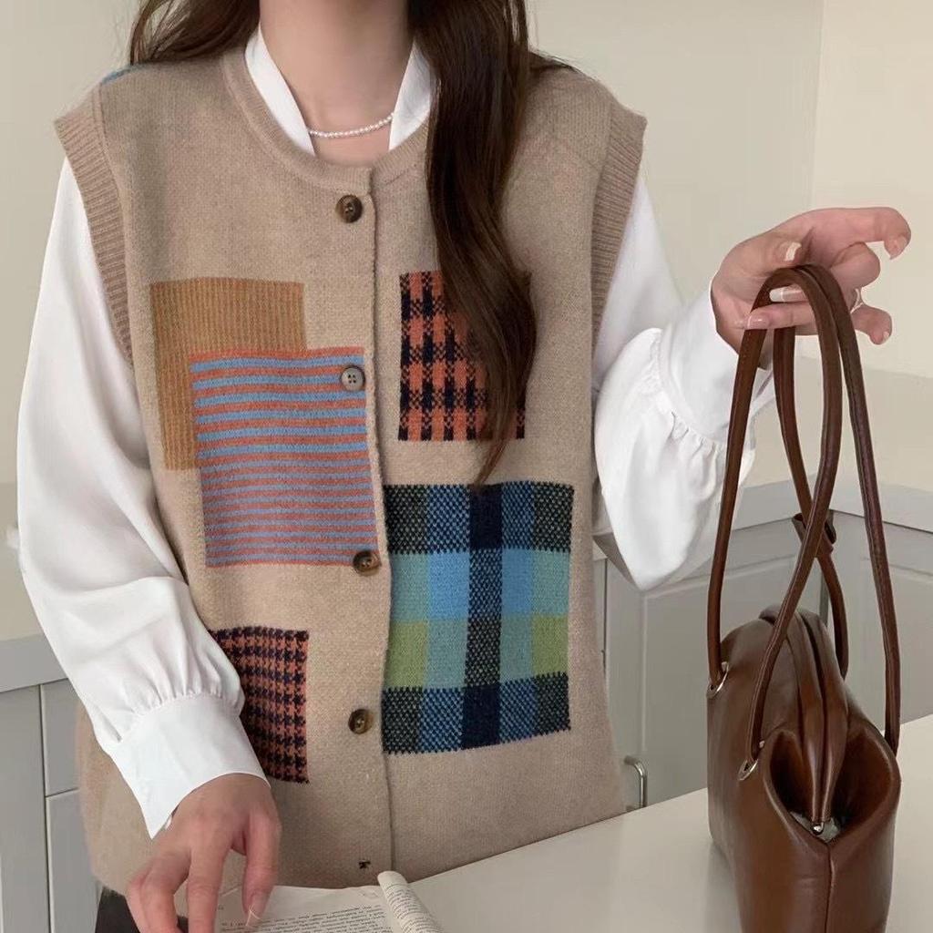 DIMANAF 2024 Winter Autumn Women Plaid Sleeveless Vest Sweaters Knitting Fashion Oversize Casual Style Loose Sweater