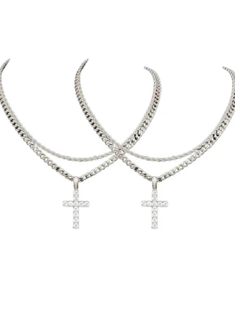 able Double Chain Set + Cross, Unisex - 3mm Layered Cuban Chain Necklace Set Minimalist Jewellery Gift 20-24 Inches Gift