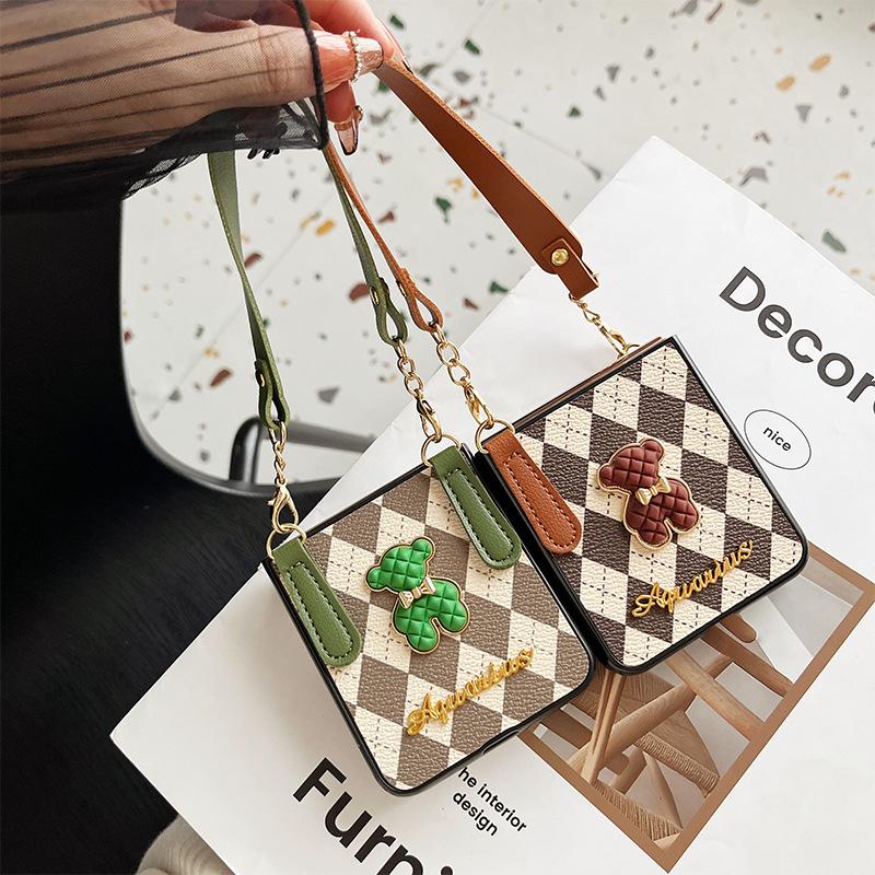 For Samsung Zflip6 Crossbody Rope Flip Phone Case P50 Folding Screen Xflip Bear Rhombus Letter Hard