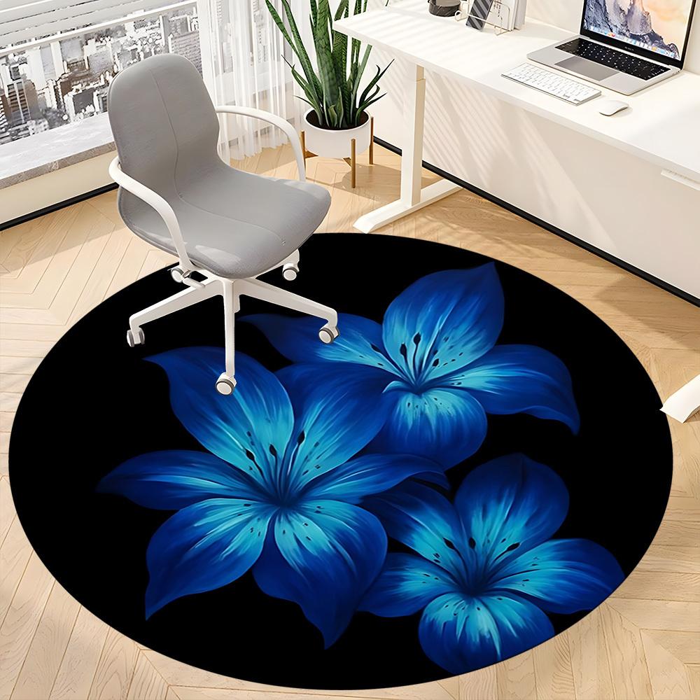 1pc Blue Lily Flowers Chair Carpet for Office, Round Non-Slip Durable Large Size Office Carpet, Suitable for Office, Beautiful Decoration