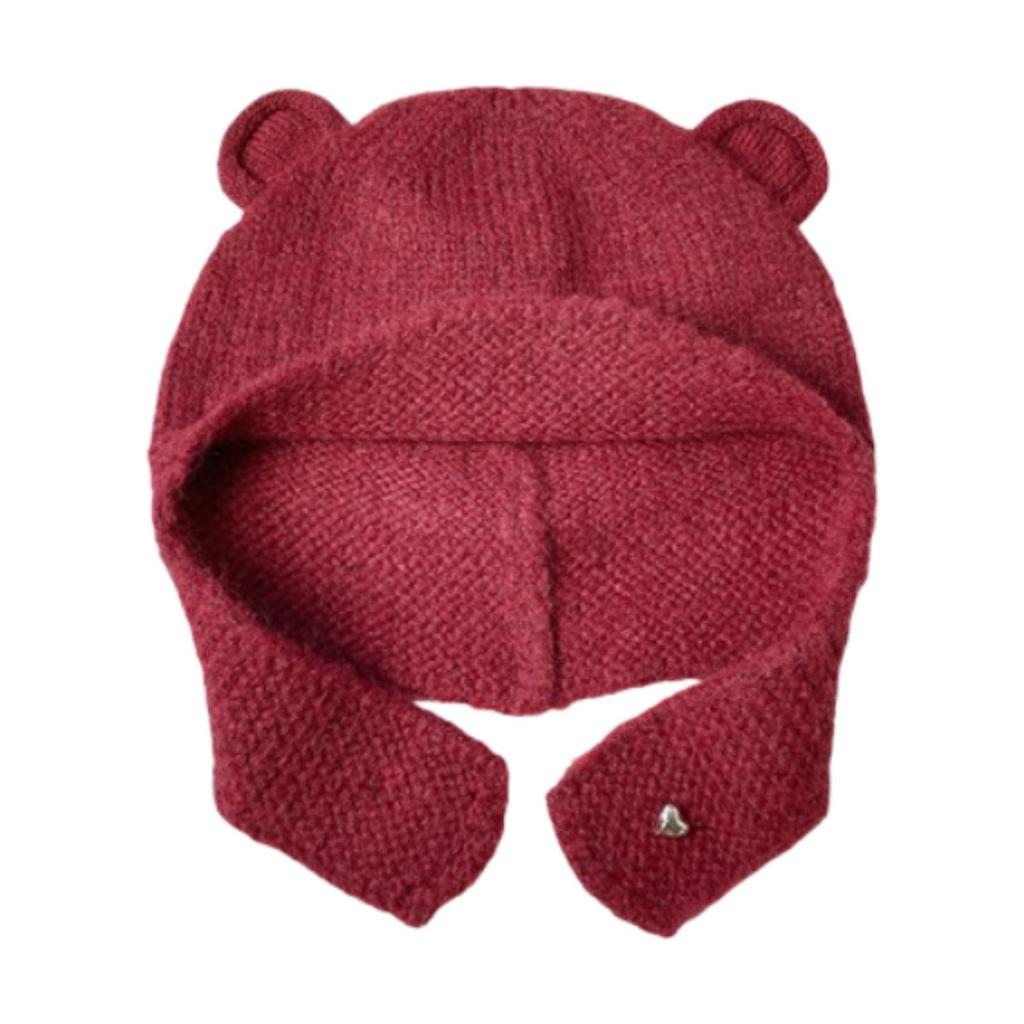 Bear Ear Knitted Hat Winter Cold Cap Windproof Warm Hat Lovely Birthday Gift Animal Earflap Hat for Outdoor Hiking Women Girls