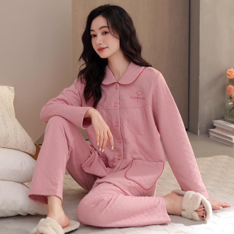 

Pajamas Women S Spring And Autumn Thickened Pure Cotton Interlayer Women S Air Cotton Thin Cotton Padded Autumn And Winter Mother Loungewear 3XL