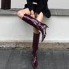 Mode Bourgogne Lackläder Höga Långa Stövlar För Kvinnor Vinröd Spetsig Tå Slip On Botas Largas De Mujer Låg Kittenklackar Mogen