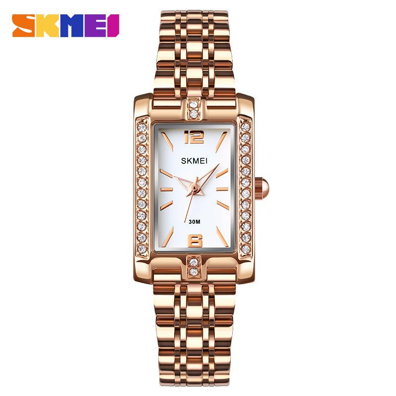 

Модные универсальные женские часы из розового золота с бриллиантами, маленькие квадратные кварцевые часы для студентов с кожаным ремешком из стали