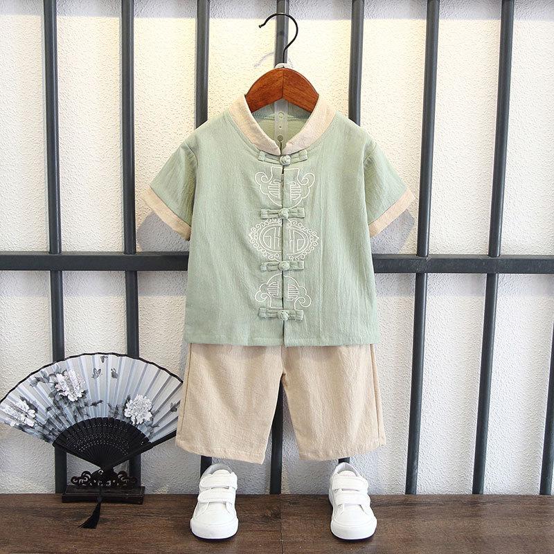 Completo Estivo da Ragazzo a Maniche Corte Stile Cinese per Bambini Hanbok Bello Completo Tang Cotone Lino Sezione Sottile di Abbigliamento Antico