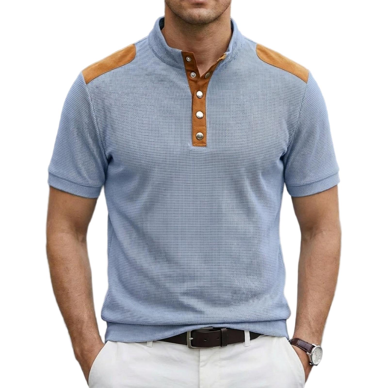 

Men s Casual -Weave Collared Color-Blocked Lightweight Breathable Short-Sleeve Top XXL синій