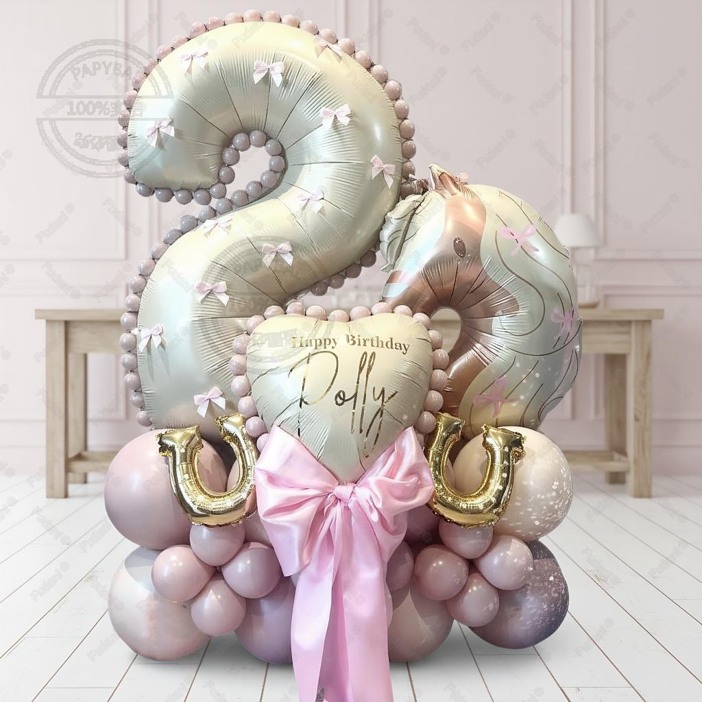 53pcs Bow Horsehead Theme Balloon Cream White Number 1-9 Balloons for Children's Birthday Party Room Decoration Balloon Supplies