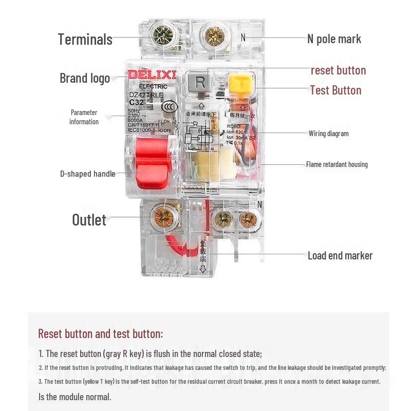 DELIXI Transparent Earth Leakage Circuit Breaker with RCD Switch, 1P+N/2P/3P/4P, 32A/63A Air Switch.
