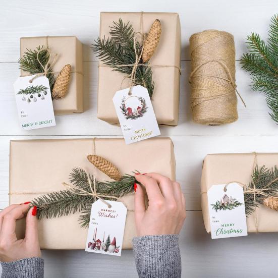 Holiday Present Labels 48 Pcs Christmas Gift Tags with String, Seasonal Hanging Labels, Pattern Cardboard Paper for Xmas Party Decoration, DIY