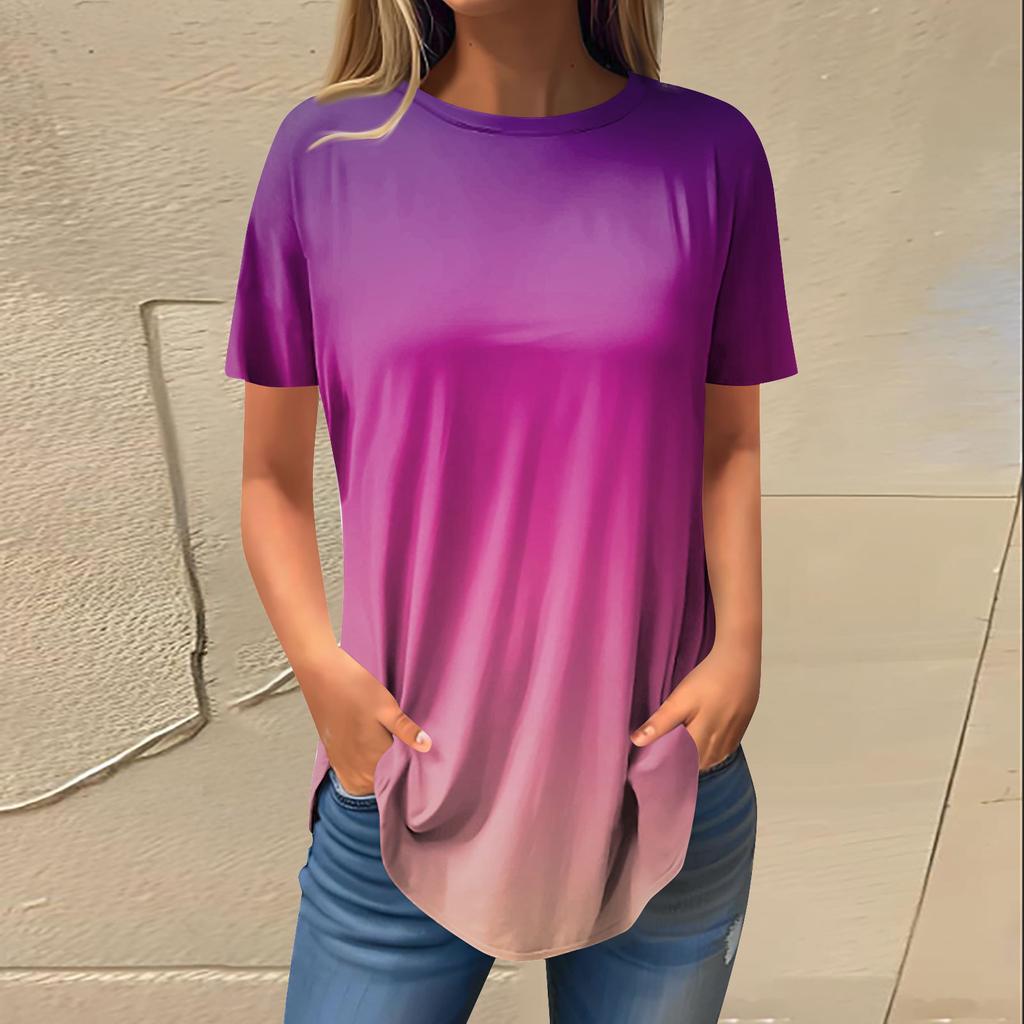 Women's Fashion Casual Round Neck Gradient Printed Short Sleeve Pullover T-Shirt Top