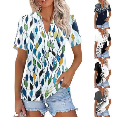 Women's Fashion Casual Lapel Short Sleeve Print Shirt Women's V-Neck Tops