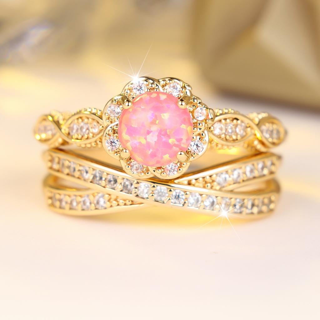 Small Crown Charm Female Pink Opal Finger Ring Set Vintage Gold Color Wedding Band Bridal Jewelry For Women