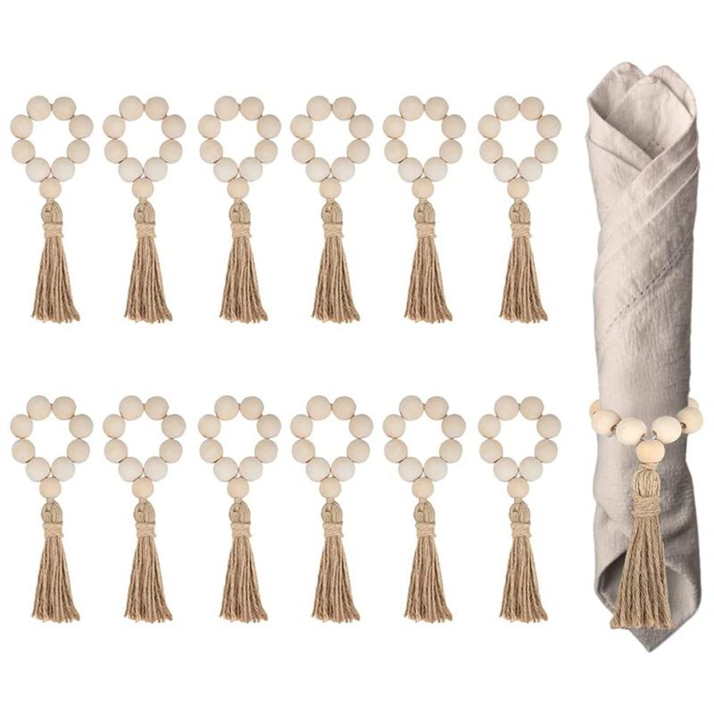 M-Modern-12PCS Natural Wooden Beads Napkin Rings With Tassels Napkin Holders For Christmas Farmhouse Wedding Home Table Decor