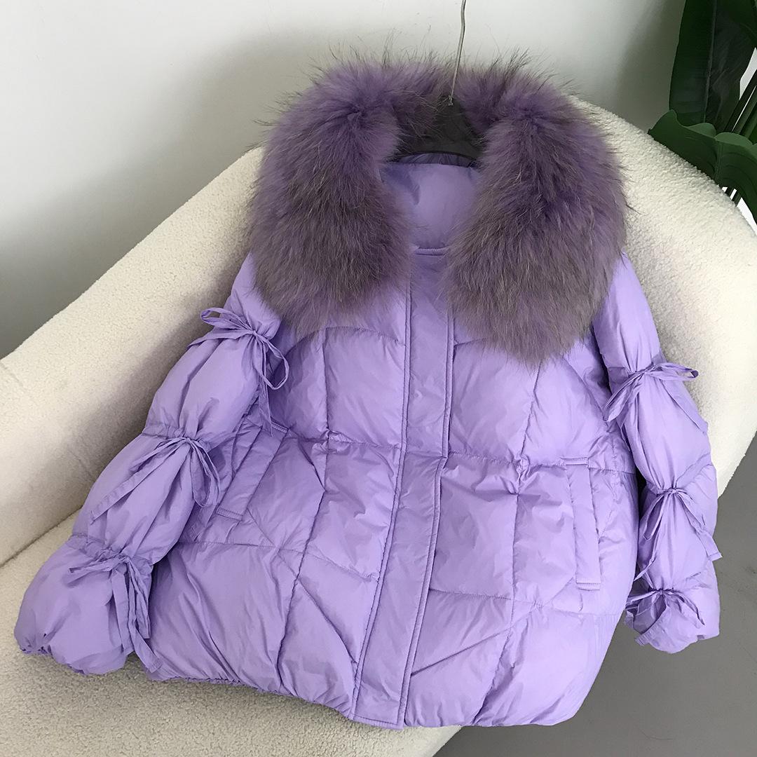 

Женская куртка на белом утином пуху 2024 года, зима/осень, с большим воротником из лисьего меха и галстуком-бабочкой Large