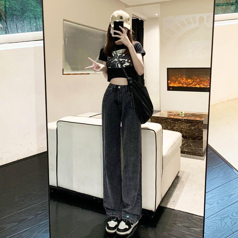 Black and Gray High-waisted Wide-leg Jeans Women's Autumn Clothing New Thin and Drape Straight Mopping Pants Spice Girl Tide