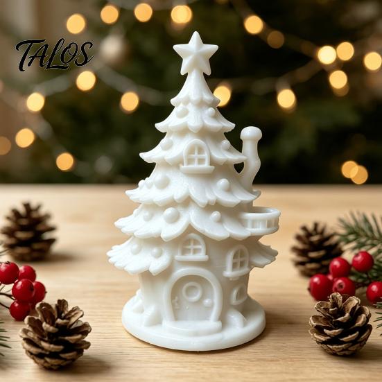 Christmas Tree House Miniature 3D Printed DIY Kit, White Primer Model Holiday Tabletop Ornament Sets for Painting, Decor Craft Kids, Micro Landscape
