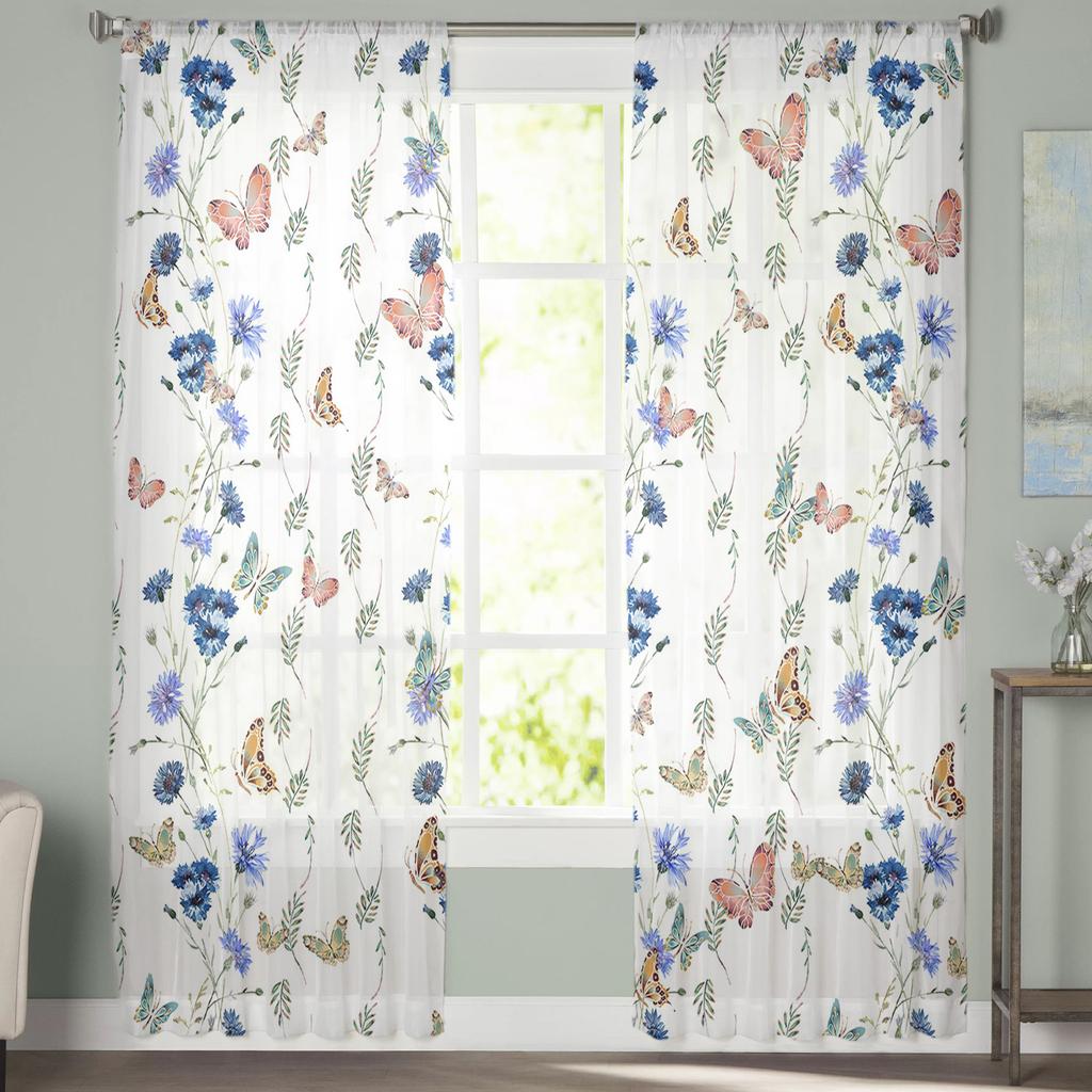 Flower Leaf Butterfly Tulle Curtains For Living Room Bedroom Voile Sheer Curtain Window Home Decor Drapes