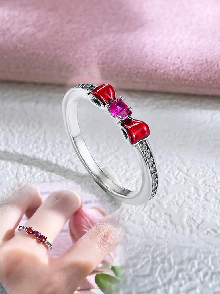 Anillo de Cóctel Elegante con Lazo Chapado en Cobre Piedra Roja Brillante Joyería Fina Para Mujeres y Adolescentes