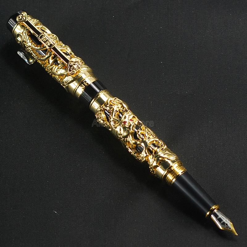 Jinhao Высококачественная перьевая ручка Дракон Феникс, Металлическая гравировка, Тиснение, Тяжелая ручка, Золотистая и черная для классической перьевой ручки