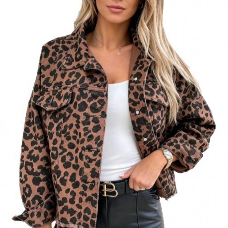 2026 Womens Oversized Denim Jacket Leopard Print Long Sleeve Casual Streetwear Top
