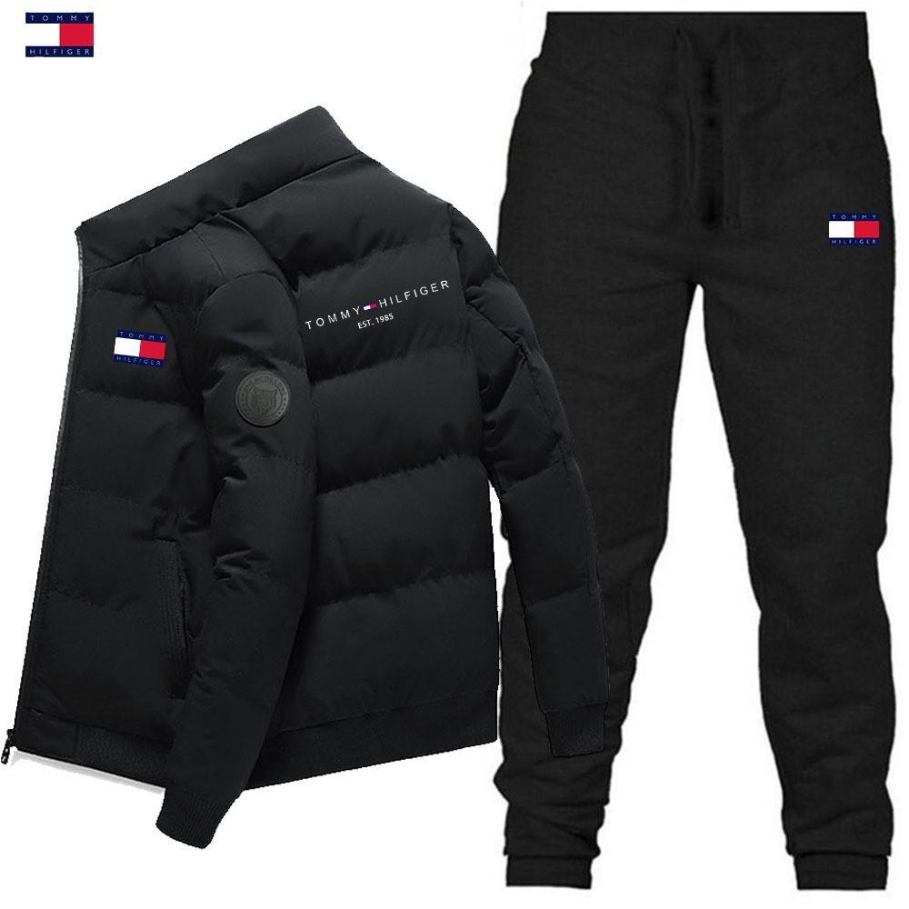 Warme Herren Winter Baumwoll-Jacke und Hose Set mit Stehkragen, bedruckt