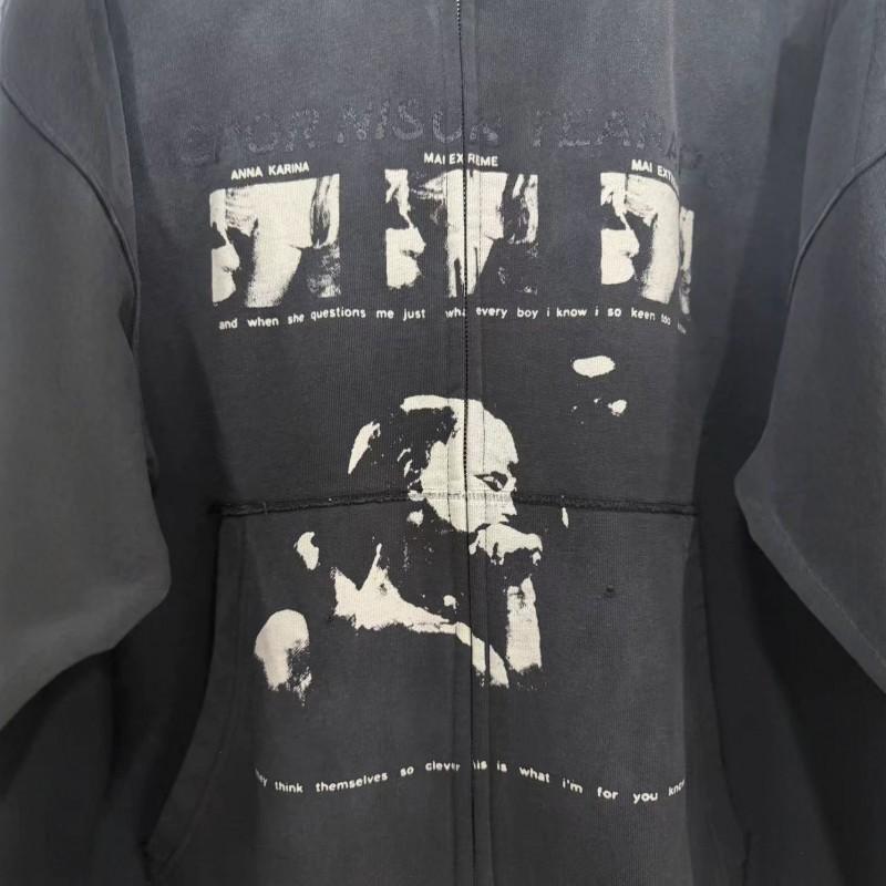 Mens Oversized Washed Distressed Zip-Up Hoodie Cotton Heavyweight Streetwear Sweatshirt