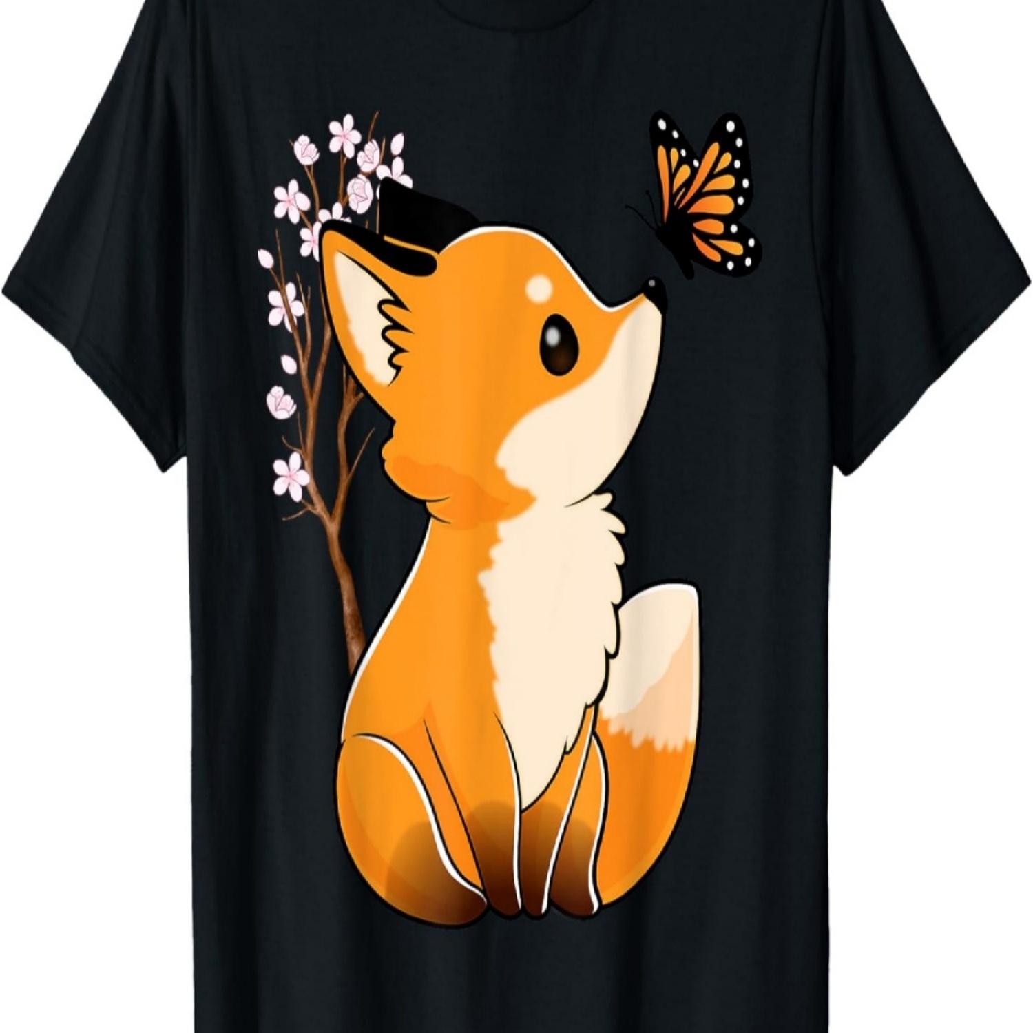 Fox and Butterfly Cute Fox  Cherry Blossom Flower T-Shirt S