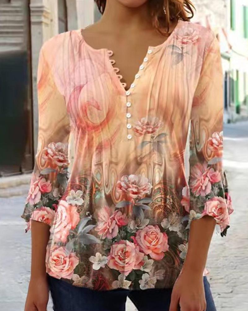 2023 Women's Floral V-Neck Short Sleeve Pleated Button T-Shirt