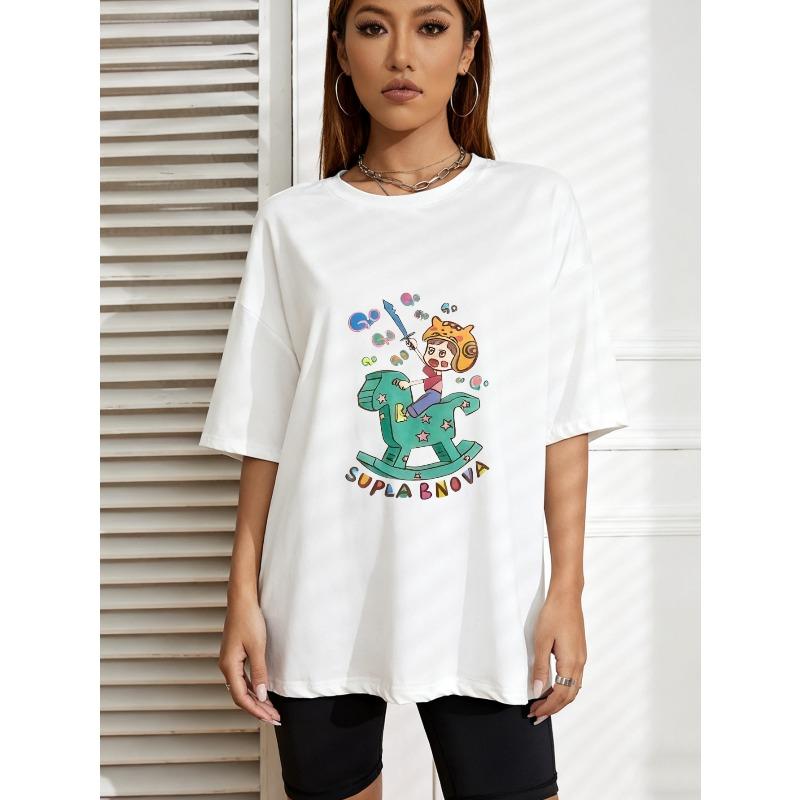 

White Oversized T-Shirt With Cartoon Rocking Horse And Supla Bnova Print For Casual Wear XXXXL білий