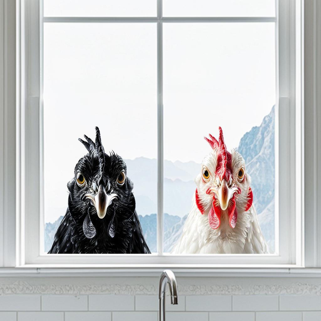 Realistic Black White Rooster Peeking Window Sticker Static Cling Farmhouse Kitchen Bedroom Living Room Glass Decal