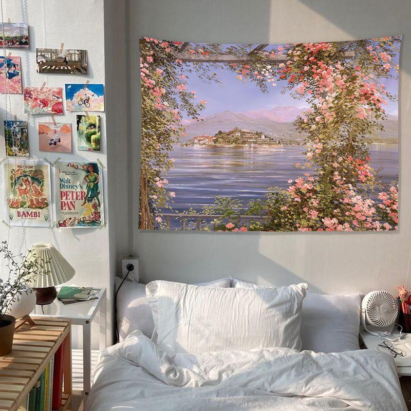 Vintage Garden Floral Landscape Tapestry, Cottagecore Aesthetic Wall Hanging, Bedroom Living Room Dorm Decor