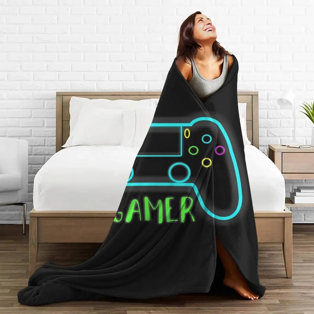 Neon Gamer Controller Flannel Blanket Warm Soft Video Game Player Bedding Throws Winter Camping Chair Sofa Bed Print Bedspread
