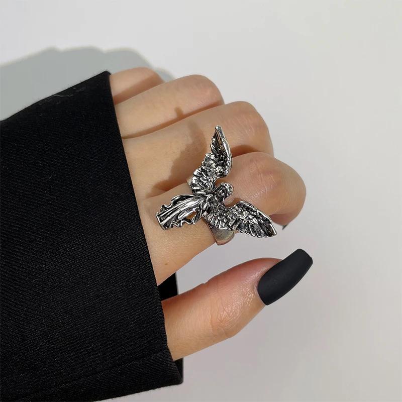 Gothic Angel Ring Vintage Religious Angel Wings Silver Opening Ring Punk Angle Metal Rings For Women Men Party Jewelry Gifts