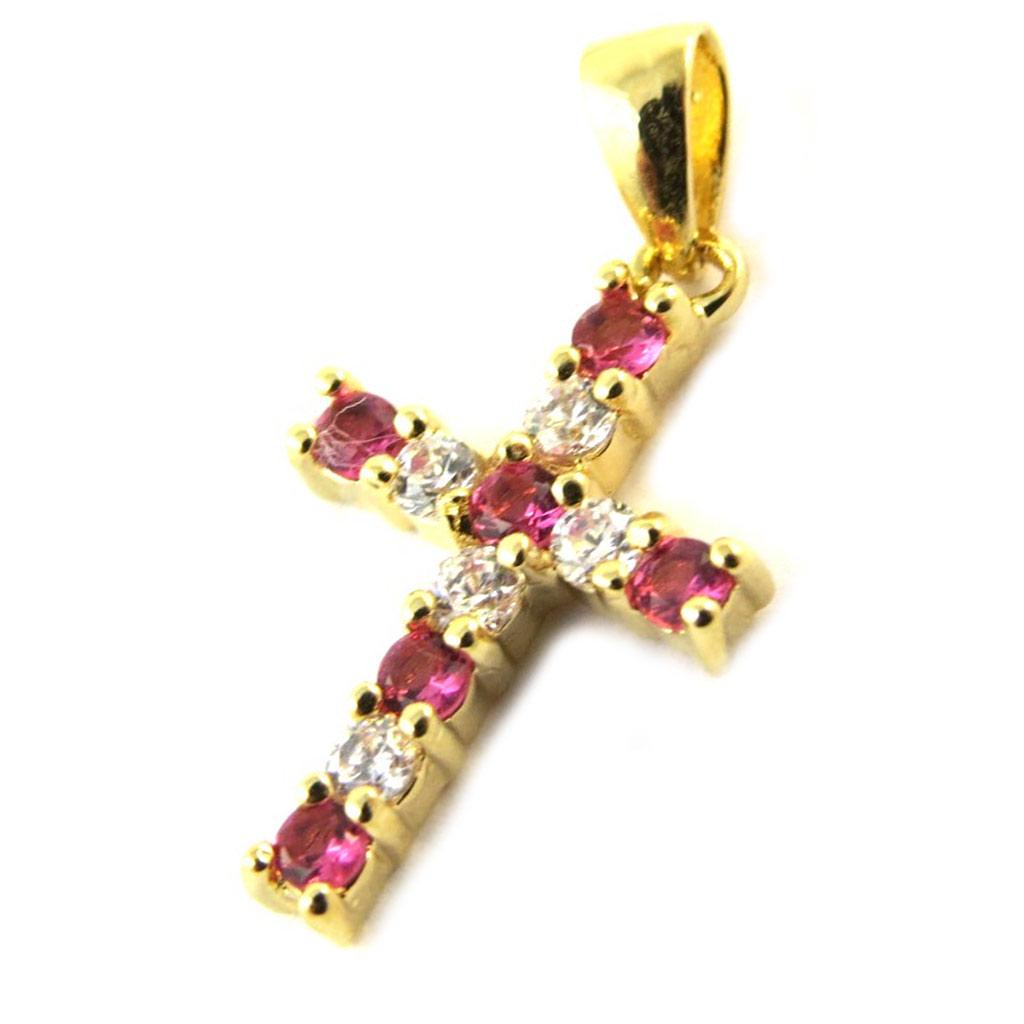 Les Trésors De Lily [N5366] - Prívesok pozlátený 'Kríž' ružový biely zlatý - 15x10 mm