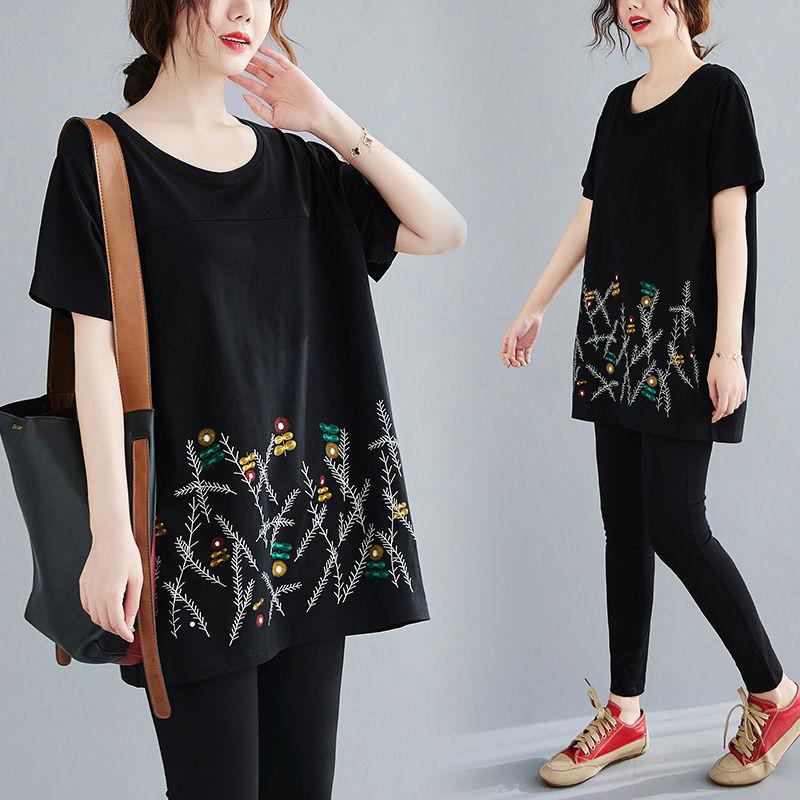 Große Größen Damen Mittellang bis lang Sommer Kurzarm T-Shirt Lockeres Oberteil