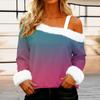 Women's Off-the-shoulder Plush Neck Printed Long-sleeved Pullover T-shirt Top