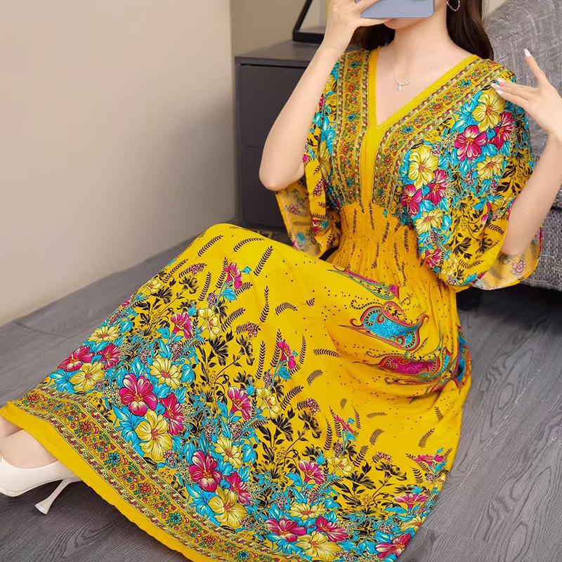 25th Anniversary Ethnic V-Neck Rayon Short Sleeve French-Thai Print Holiday Dress for Women