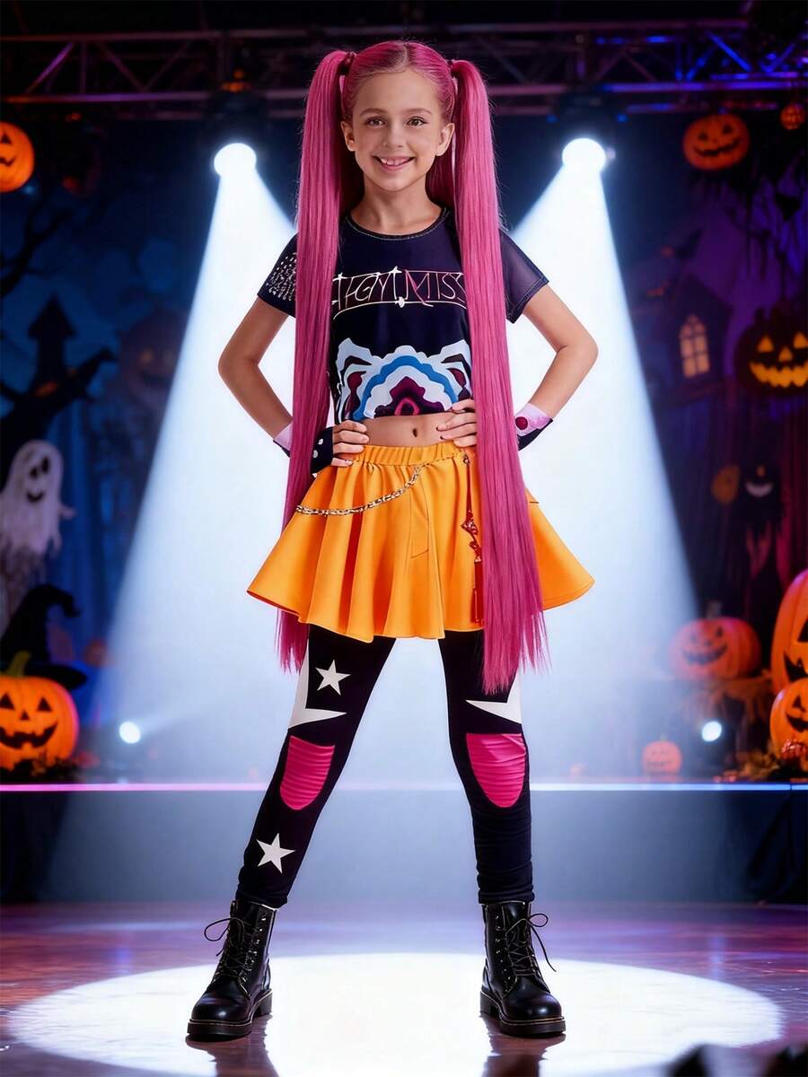 Kostuum voor Meisjes Kinderen Sterren Vocal Rumi Cosplay Podiumkleding Idol Zangers Drie Delig Set Trend Stijl Halloweenfeest 100 pink