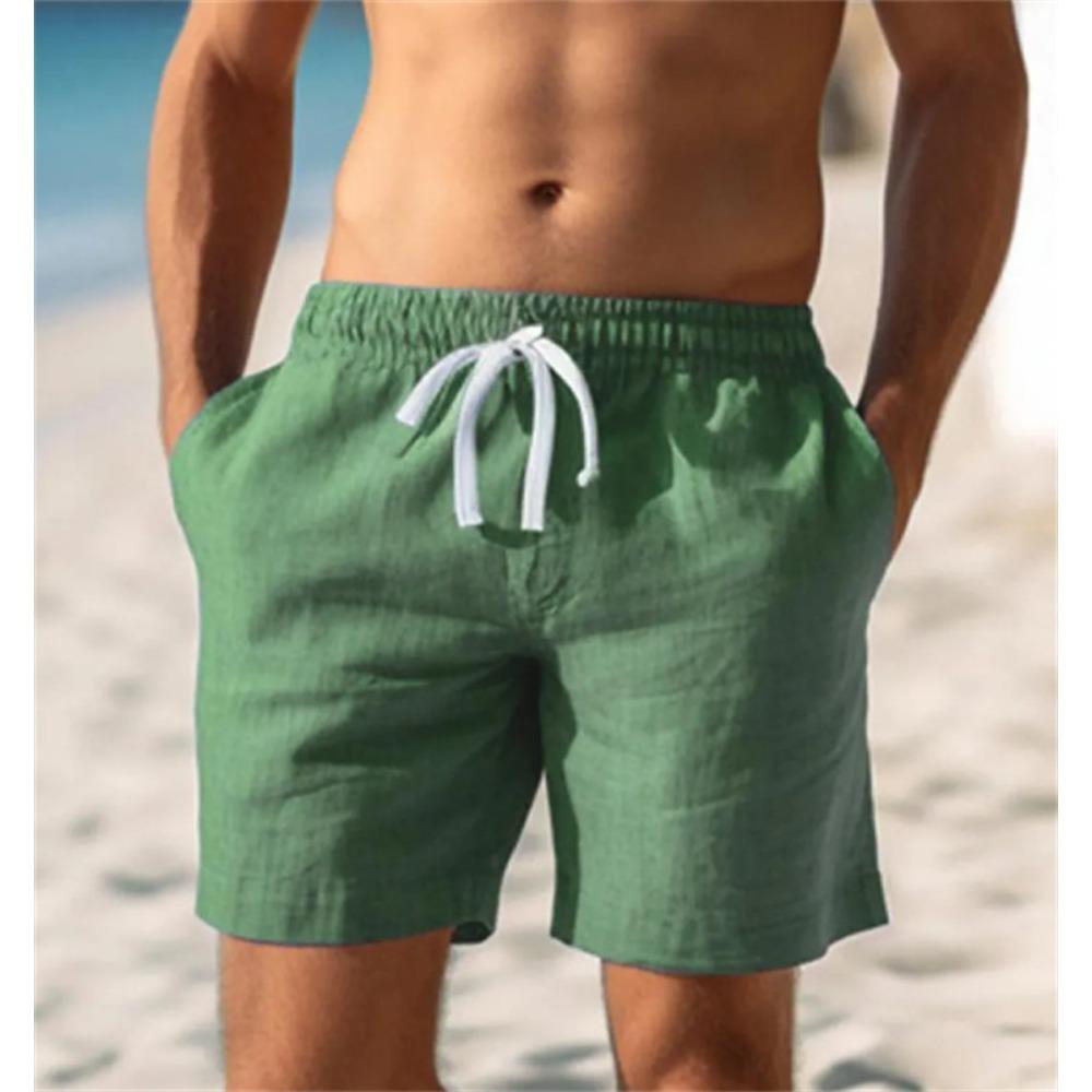 

Men s cotton-linen blend shorts Summer drawstring elasticated waist Straight-leg cropped trousers Solid-colour shorts 3XL зелений