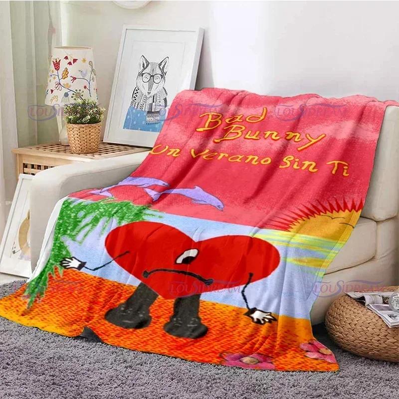 Cartoon Bad Bunny Coperta Coperte di flanella Musica pop latina Coperte calde in pile di peluche per biancheria da letto per divano adulto per tutte le stagioni