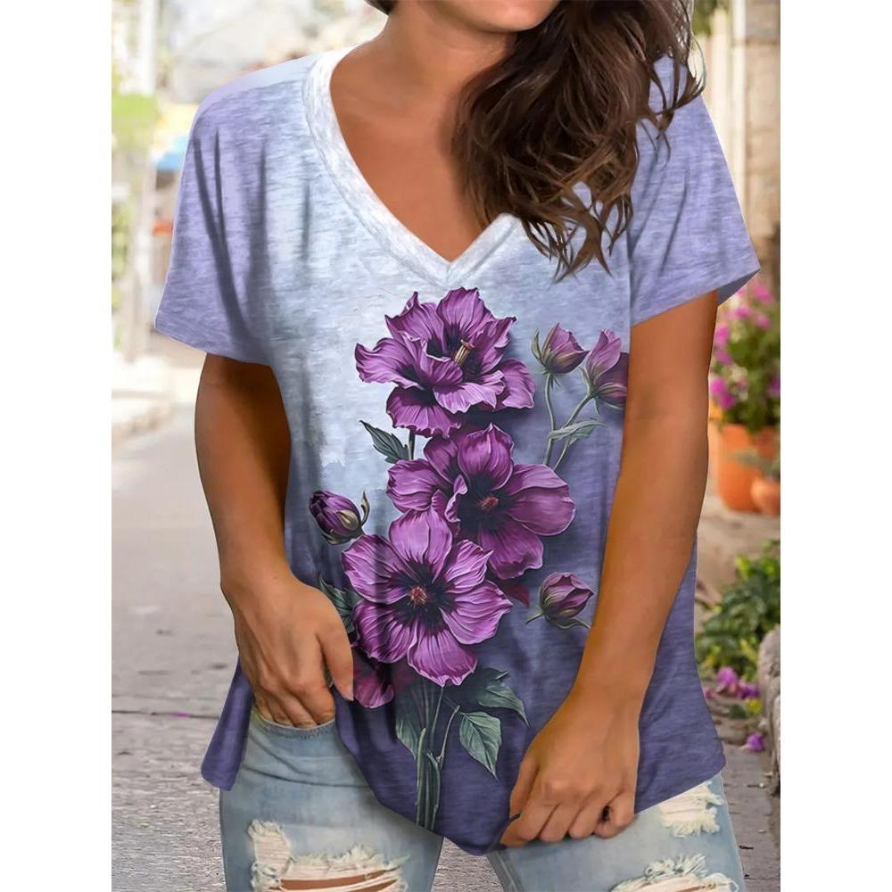 

Женская футболка с цветочным принтом, уличная мода, повседневный топ, футболка с V-образным вырезом, летняя женская одежда XXXL
