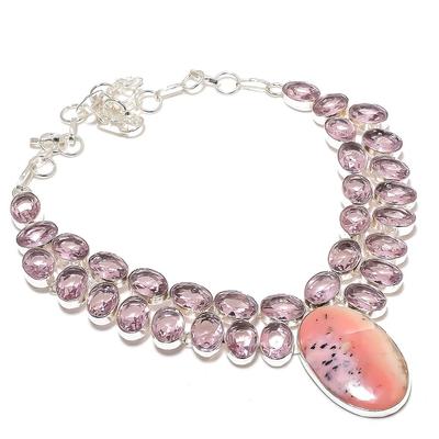 Natural Pink Opal,Kunzite Handmade 925 Sterling Silver Jewelry Necklace 18" S4M25