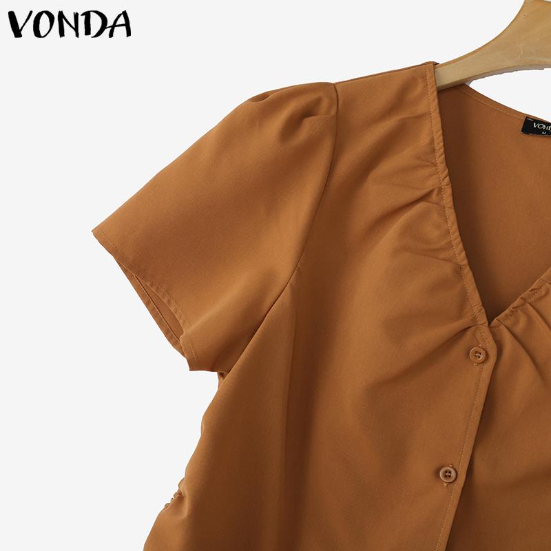 VONDA Summer Women V Neck Short Sleeve Side Drawstring Buttons Up Casual Blouse