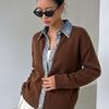 Denim splicing fake two-piece lapel knitted cardigan European, American autumn and winter loose women's long-sleeved top